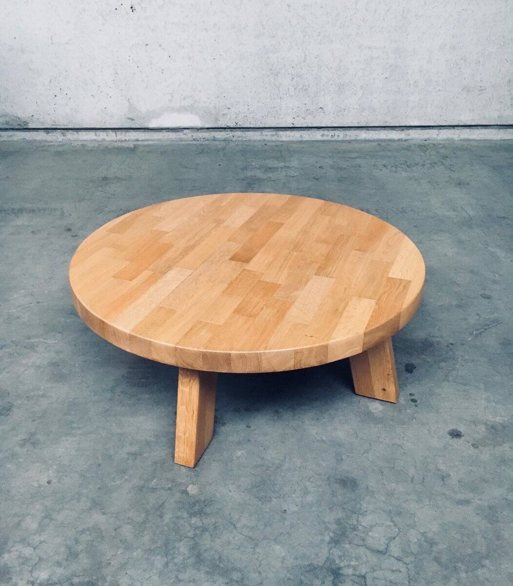 Brutalist Oak Round Coffee Table from Meubelfabriek Oisterwijk, Netherlands, 1960s