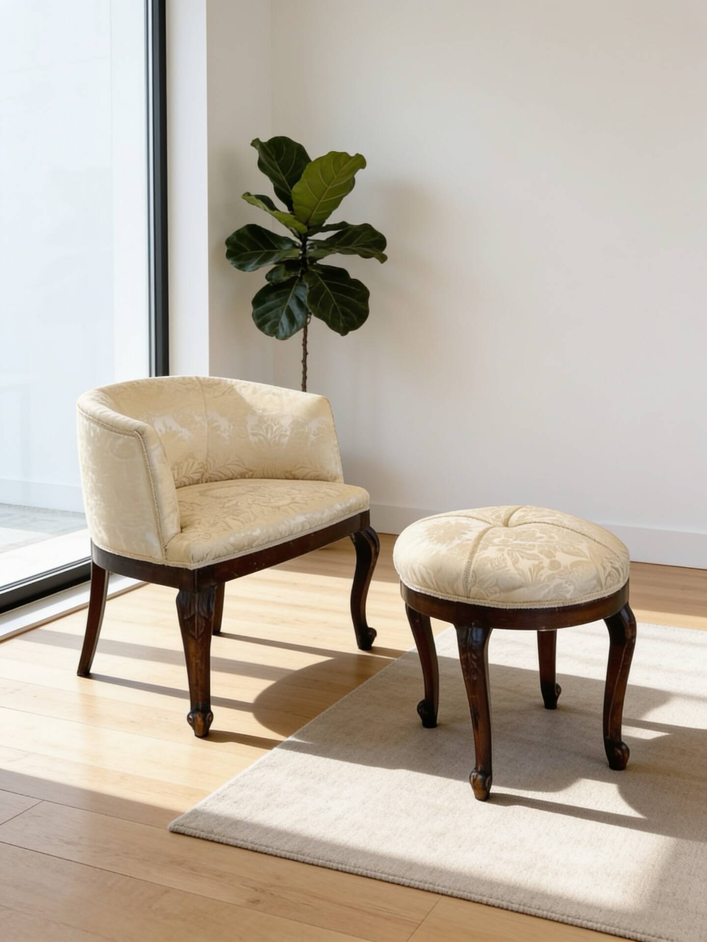 An antique Italian bar chair and a matching tufted vanity stool.