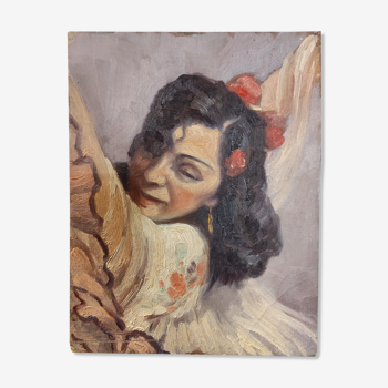 Tableau portrait femme gitane huile années 30 signé