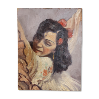 Portrait painting woman gypsy oil 30s signed