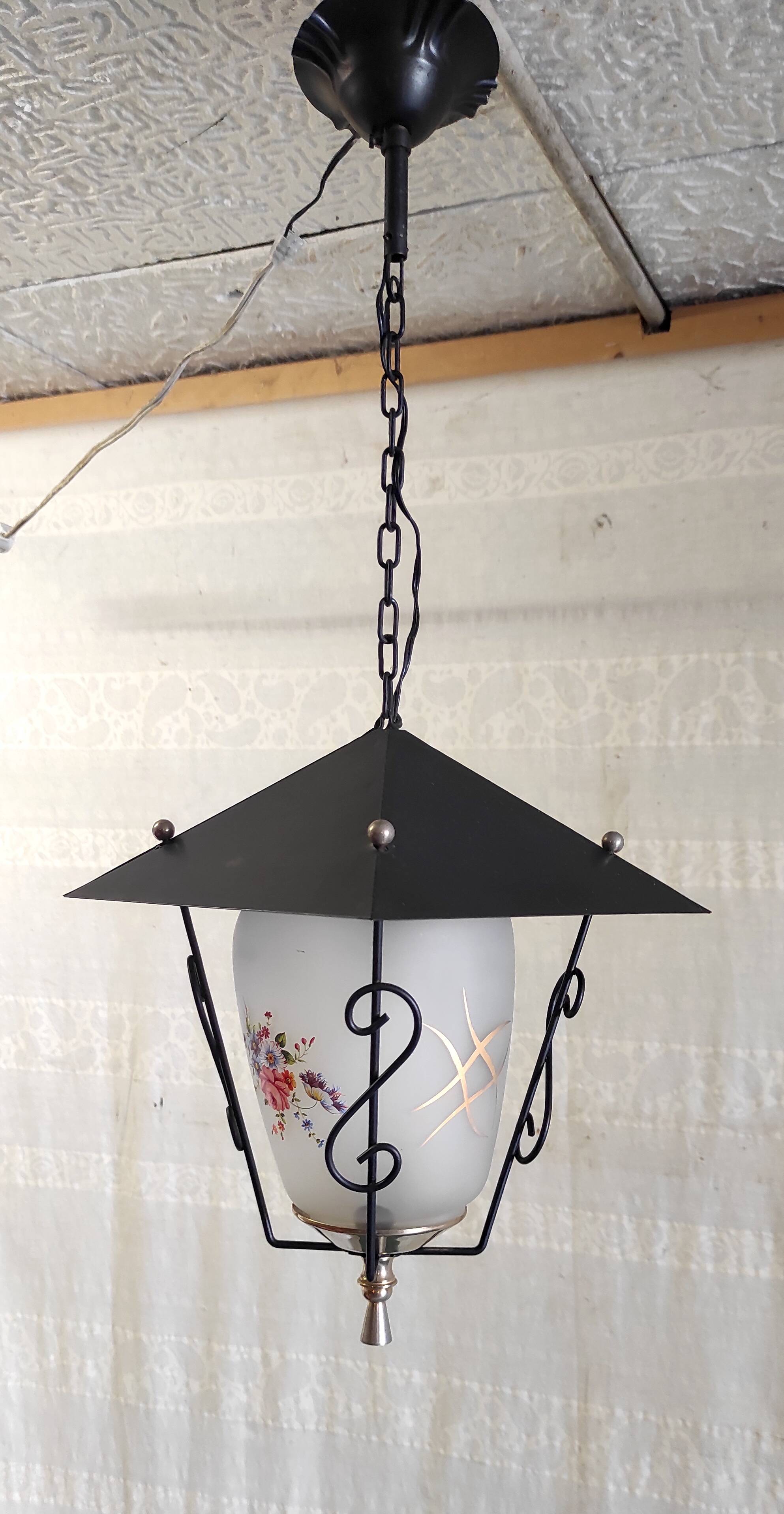 Lantern pendant light in metal, brass and glass - 50s/60s