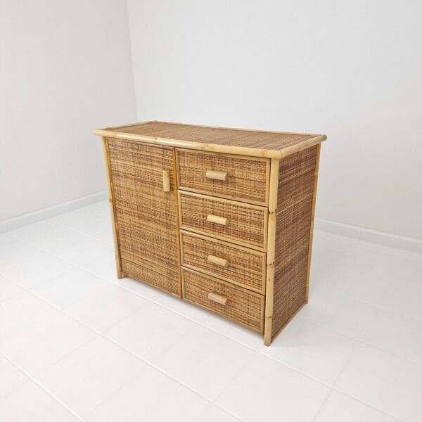 Commode ou crédence italienne en bambou et rotin, années 1980