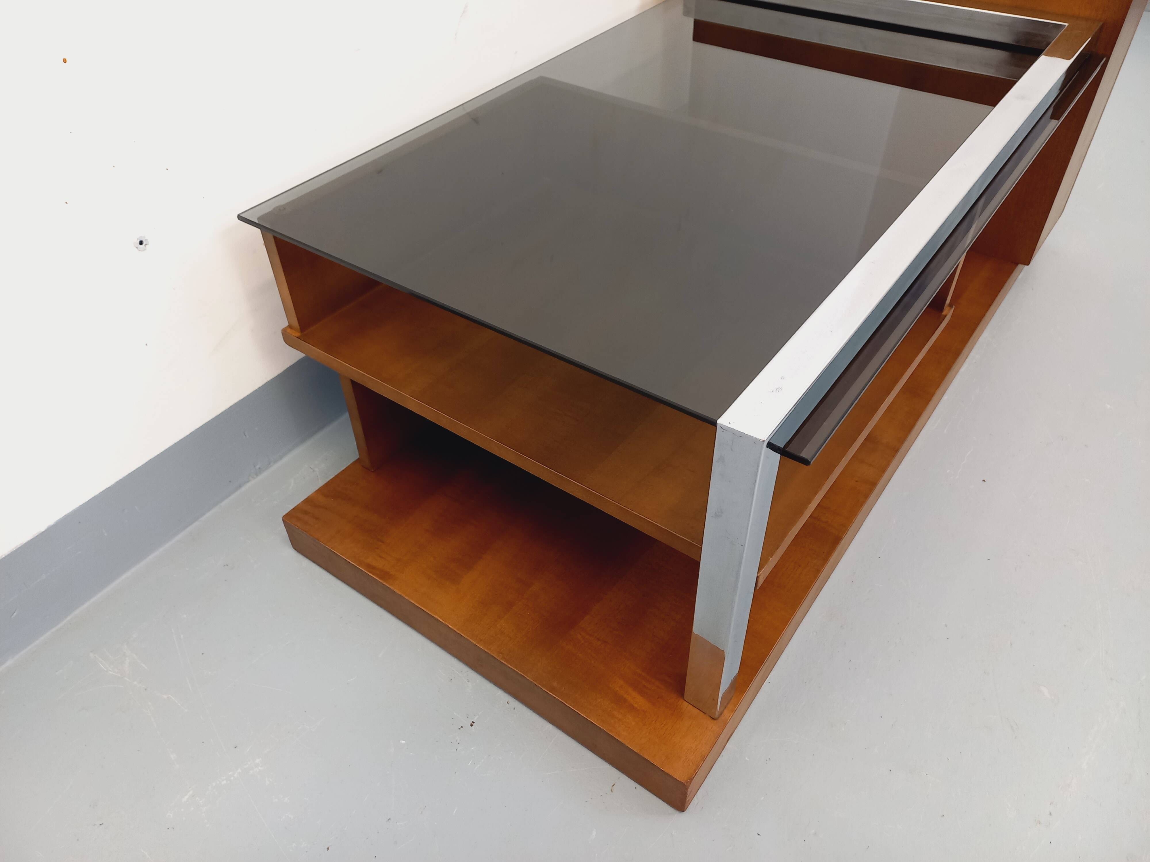 Rectangular vintage modernist coffee table with wooden niches, chrome.