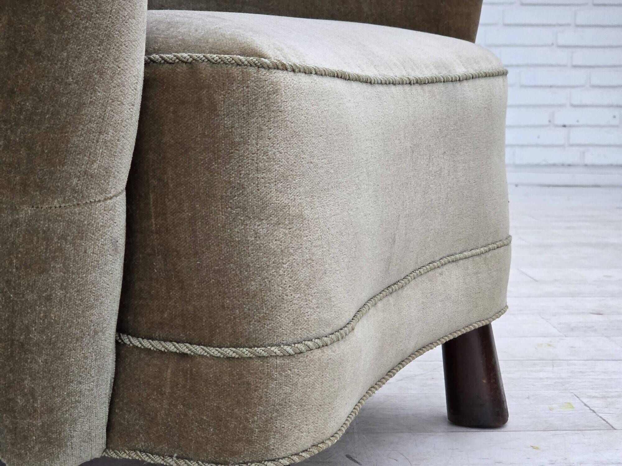 1960s, Danish armchair, green furniture velour, oak wood legs.
