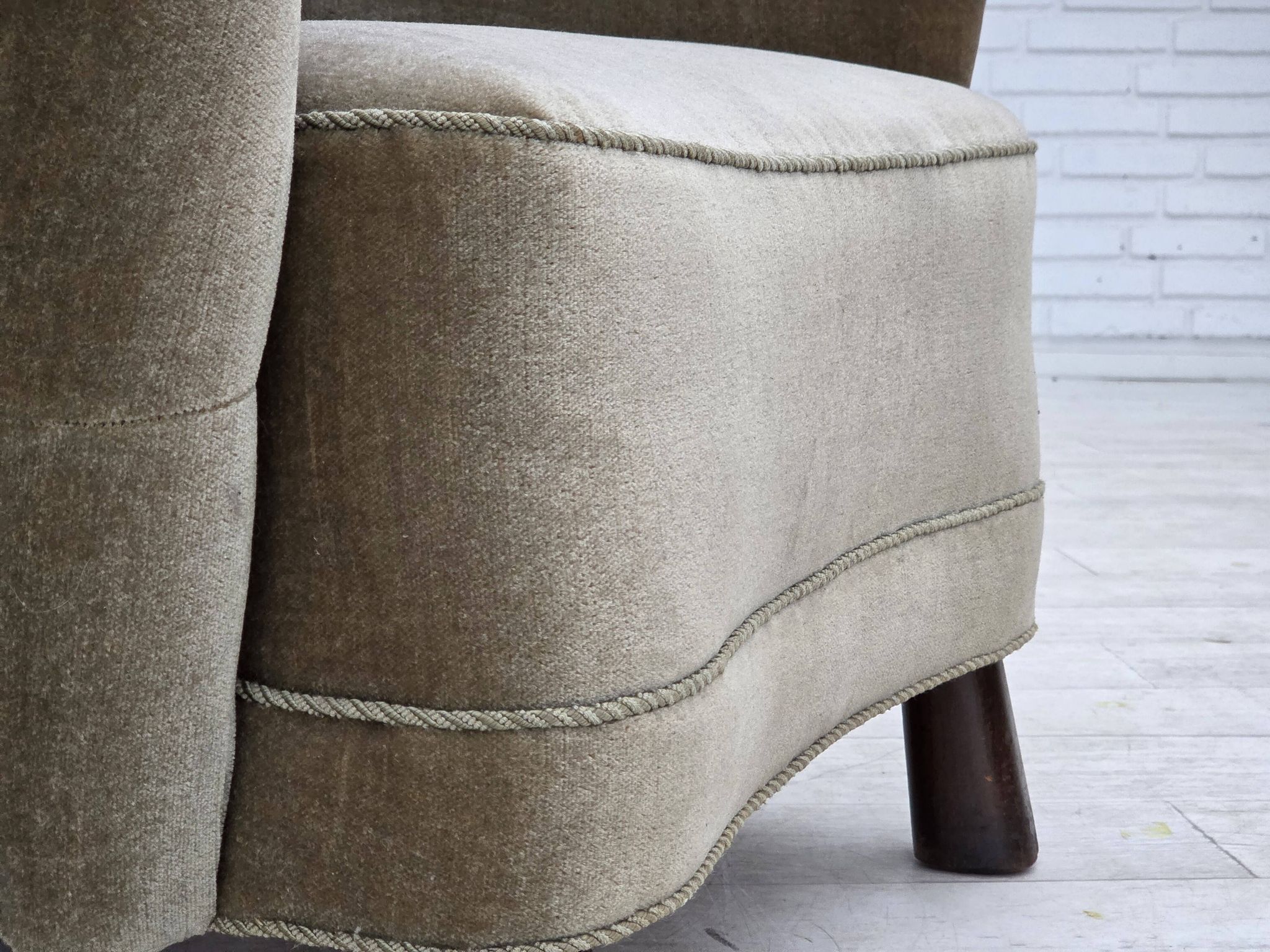 1960s, Danish armchair, green furniture velour, oak wood legs.