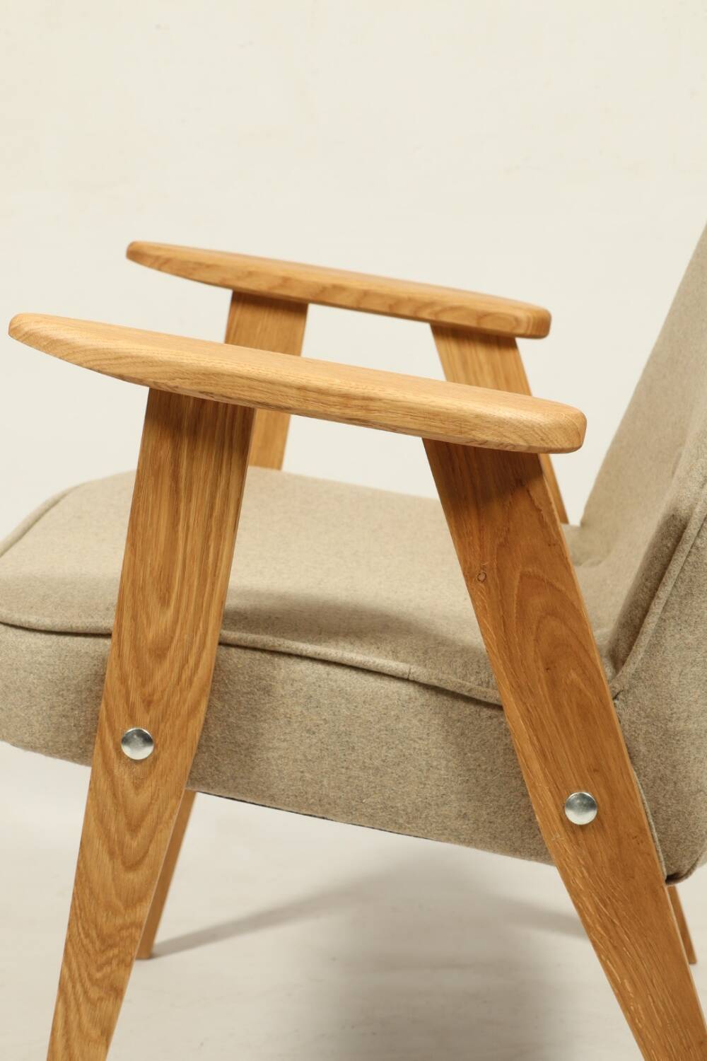 Scandinavian armchair beige wool natural oak wood chair design by Chierovski
