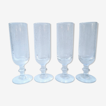 Set of 4 vintage flutes in blown glass, bubbled