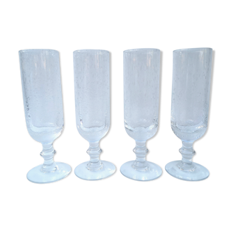 Set of 4 vintage flutes in blown glass, bubbled