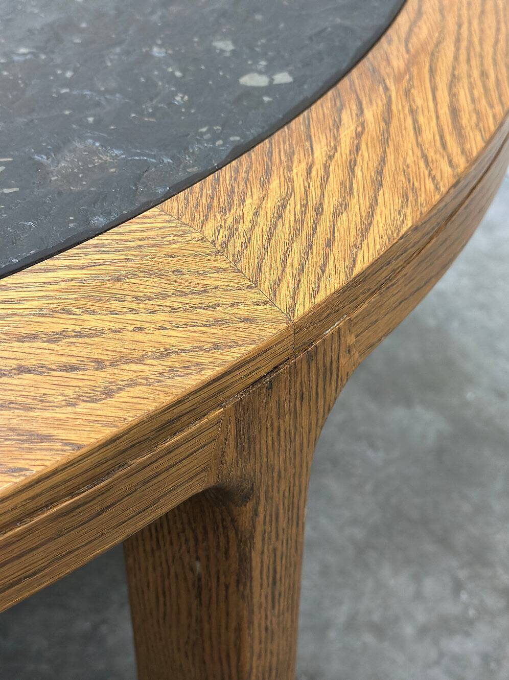 Vintage round textured slate and solid oak coffee table, France, 1970s