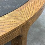 Vintage round textured slate and solid oak coffee table, France, 1970s