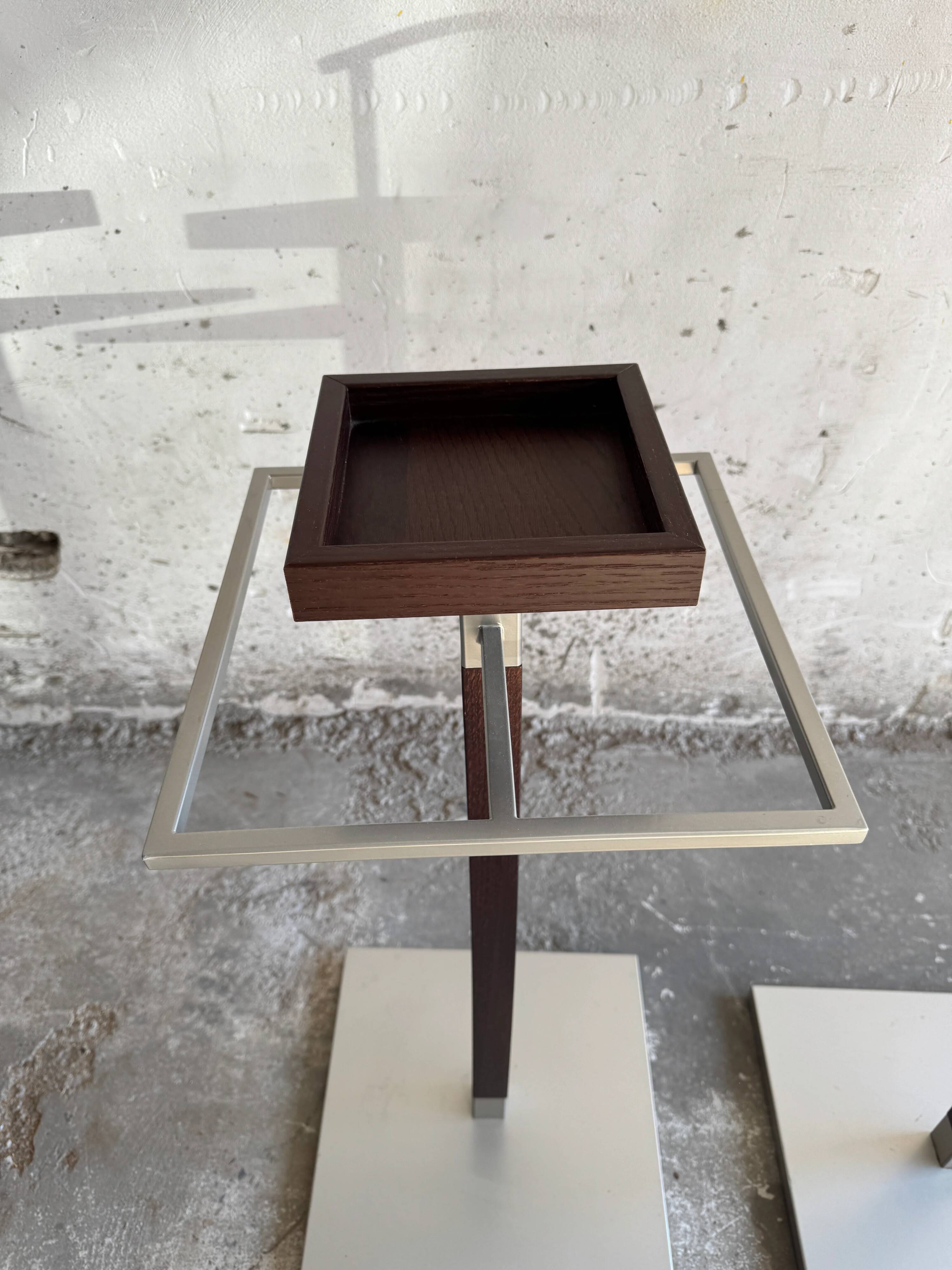 Set of 2 Calligaris holders — silver gray with dark brown wood, metal, and wood design