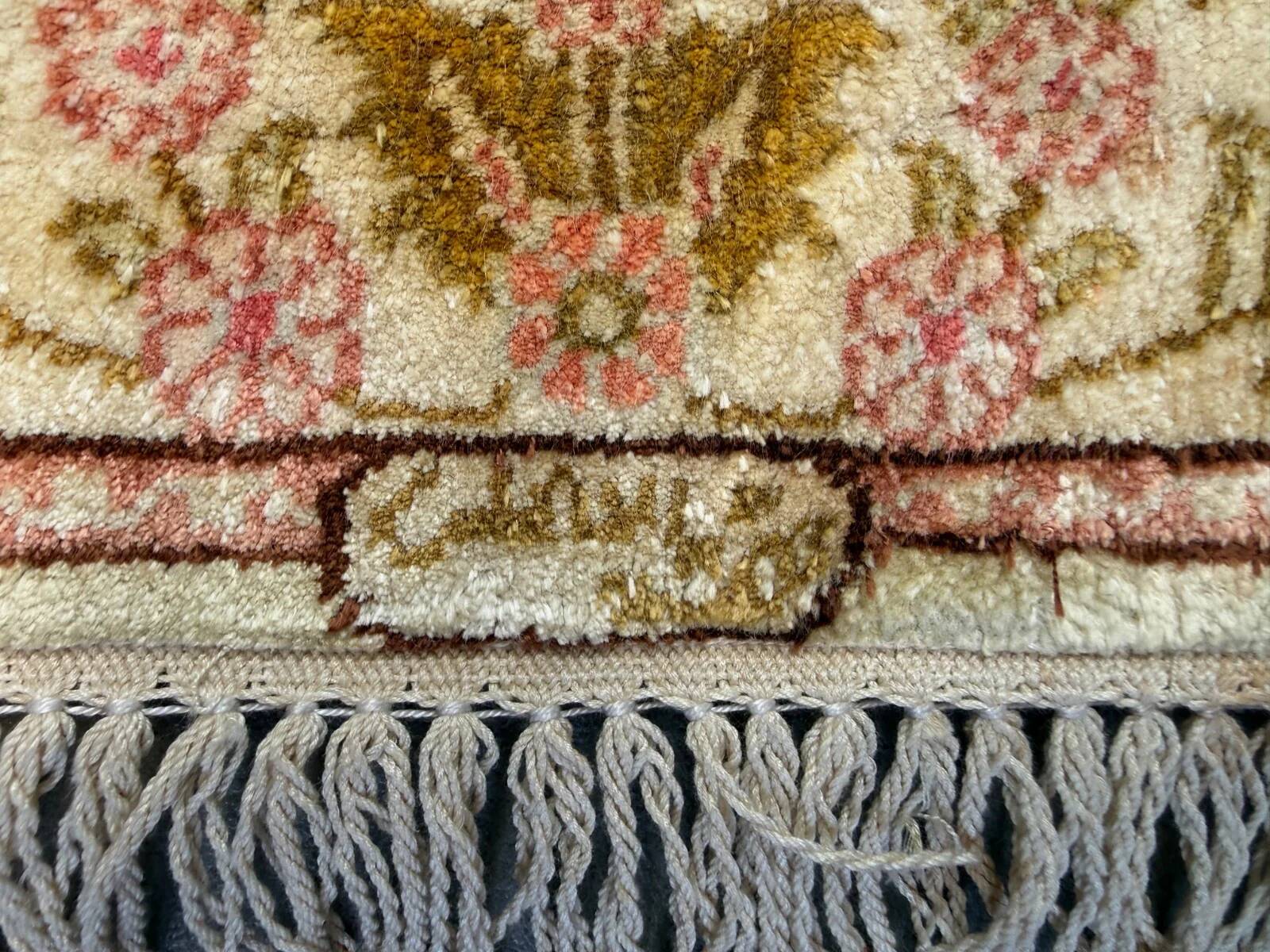 Vintage Turkish Hereke silk rug floral 53x67cm hand knotted gold pink 2538