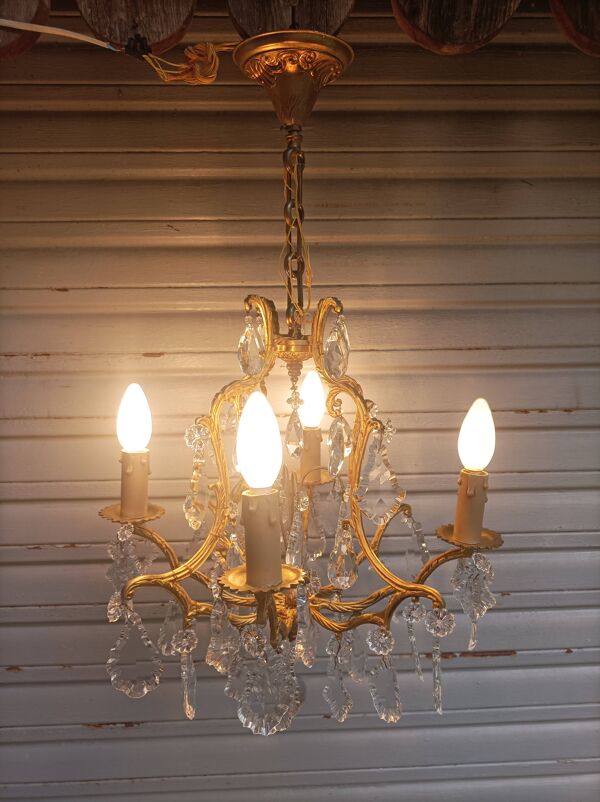 Rare ancien lustre cage en bronze doré et cristal 4 feux
