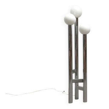 Vintage German floor lamp from the space age of the 1970s in glass and metal.