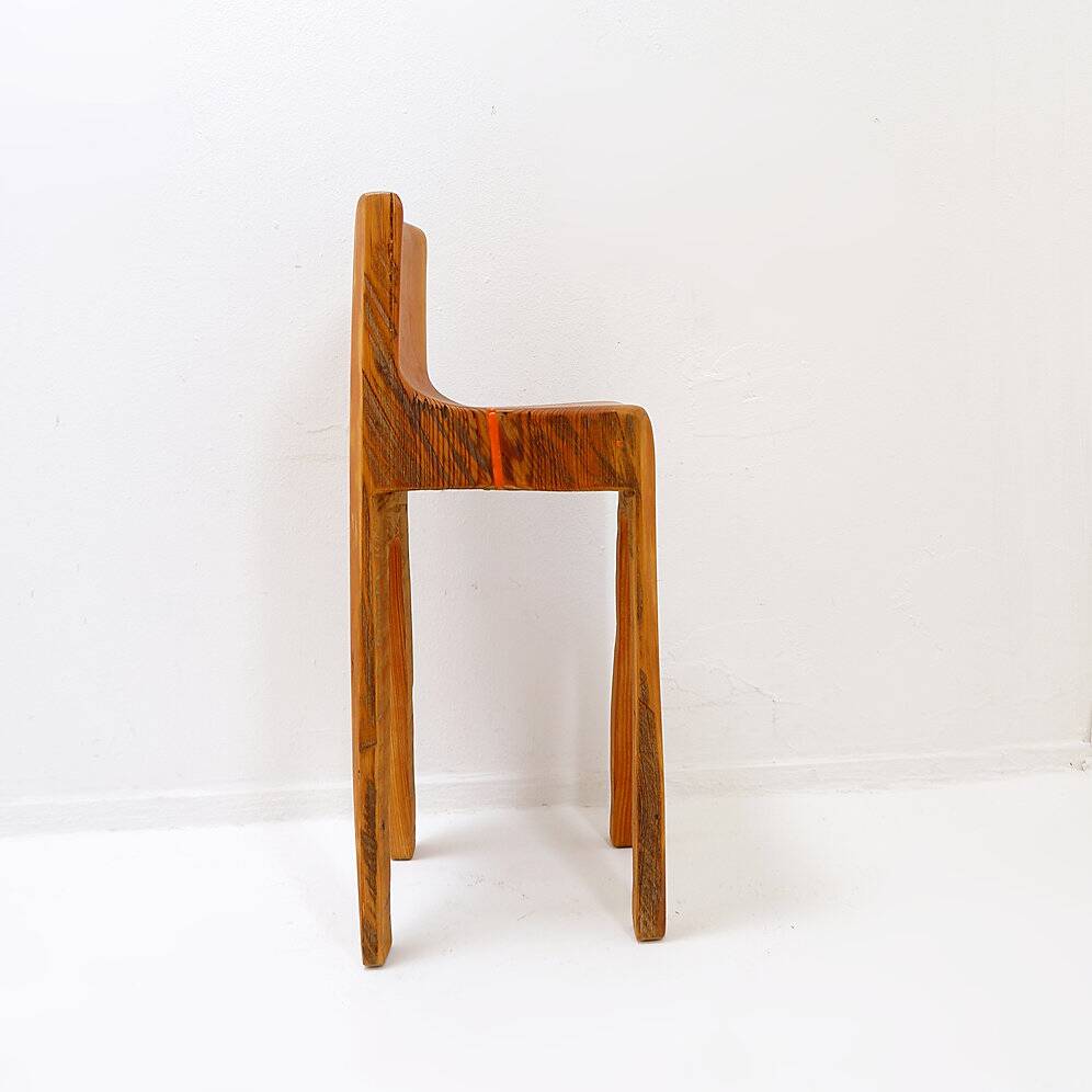 Sculptural high chair in brutalist style made of solid oak.