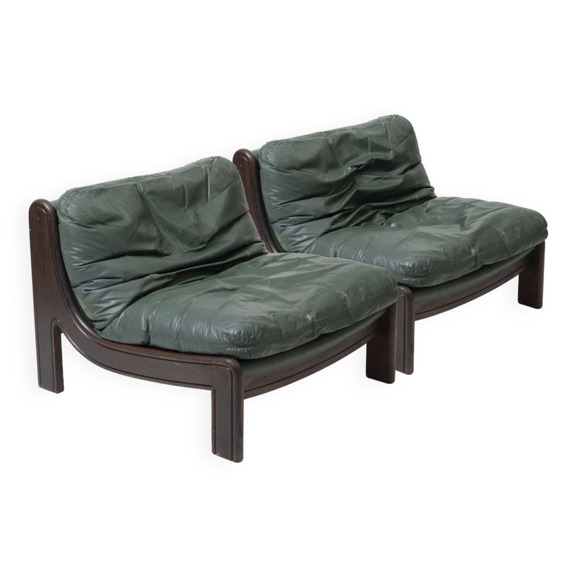 Pair of low sling chairs in hardwood and leather, Germany, 1970s