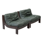 Pair of low sling chairs in hardwood and leather, Germany, 1970s