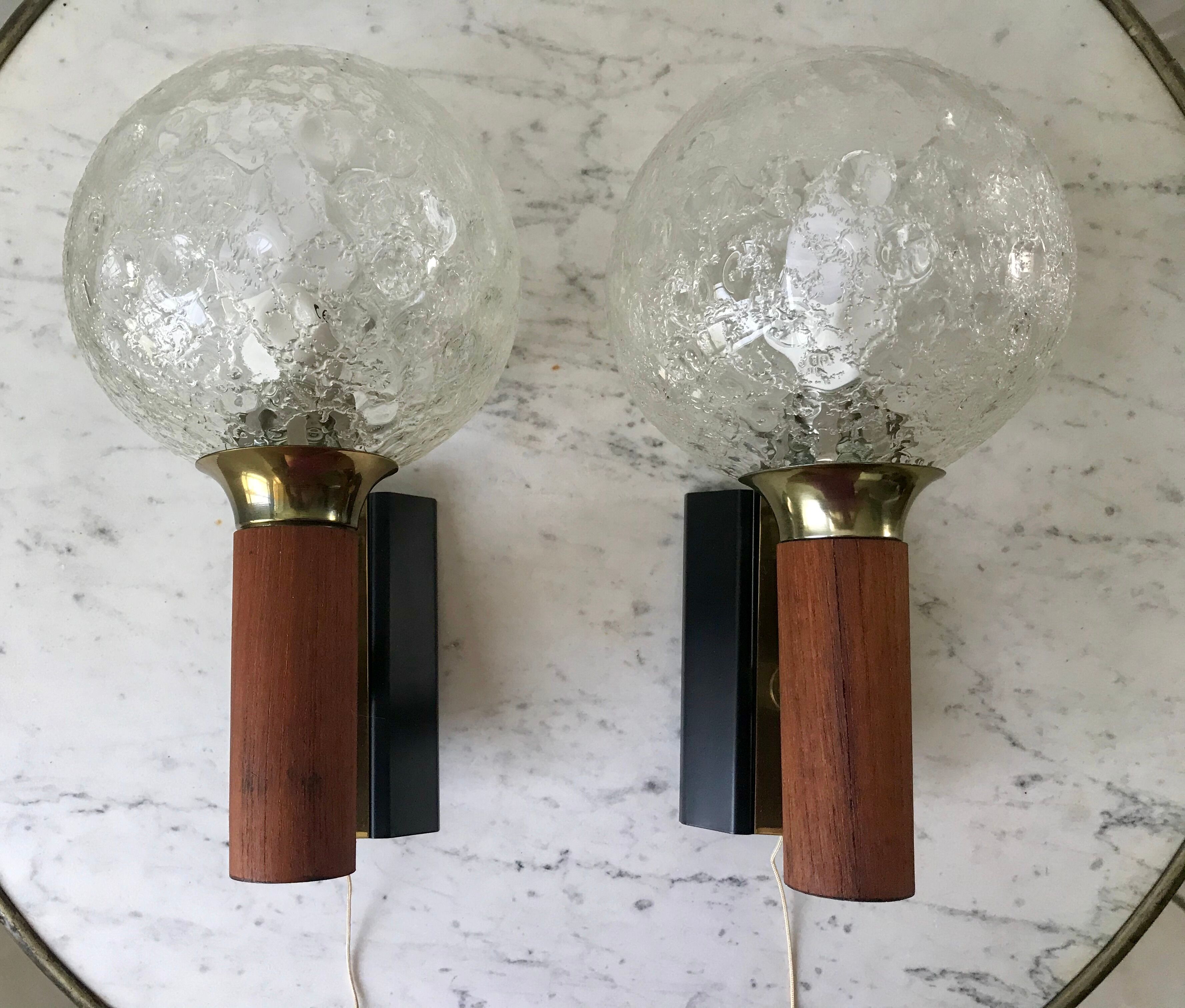 Pair of wall sconces balls in blown glass, metal and teak style 50s