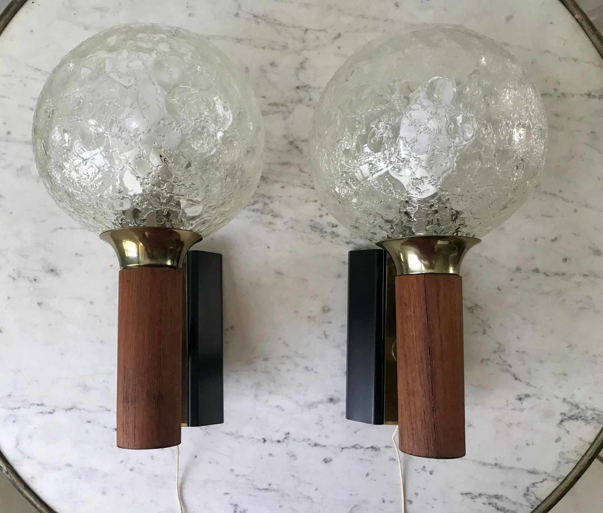 Pair of wall sconces balls in blown glass, metal and teak style 50s