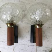 Pair of wall sconces balls in blown glass, metal and teak style 50s