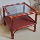 Varnished rattan coffee table and smoked glass top