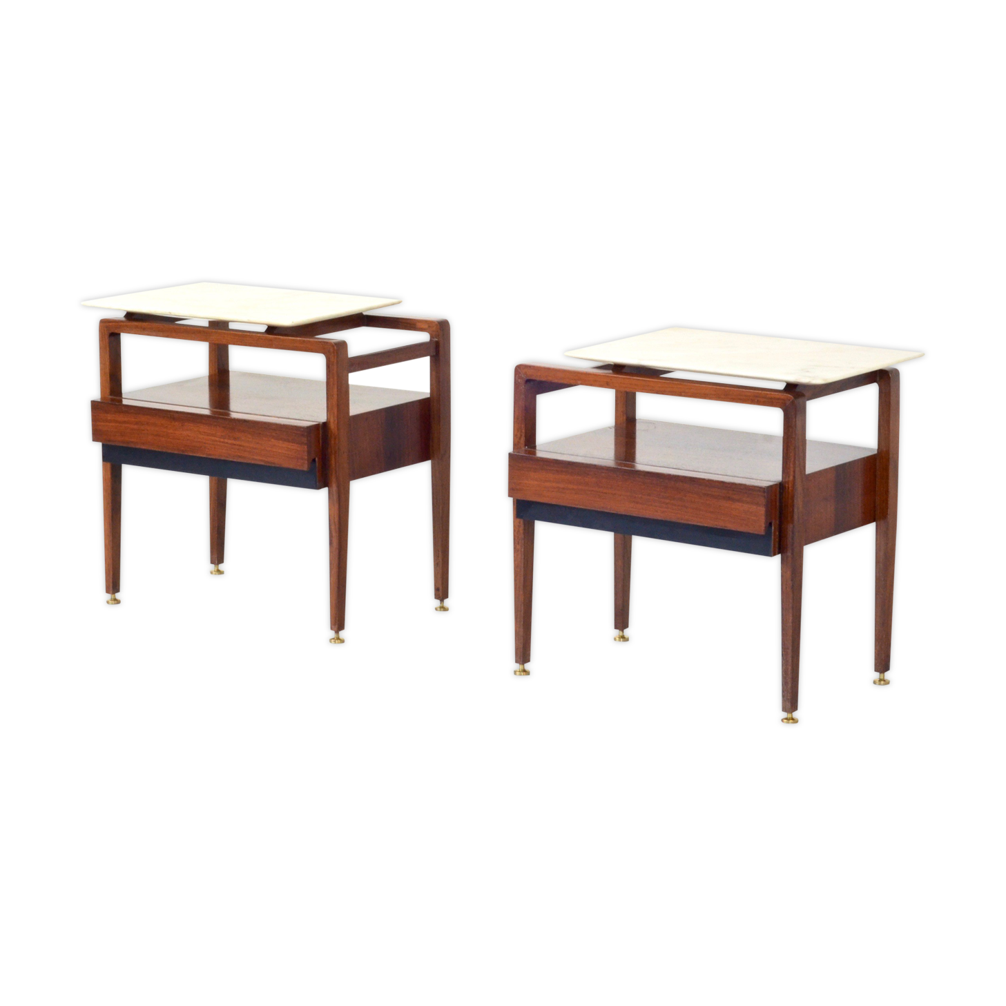 Set of 2 italian midcentury rosewood and carrara marble bedside tables