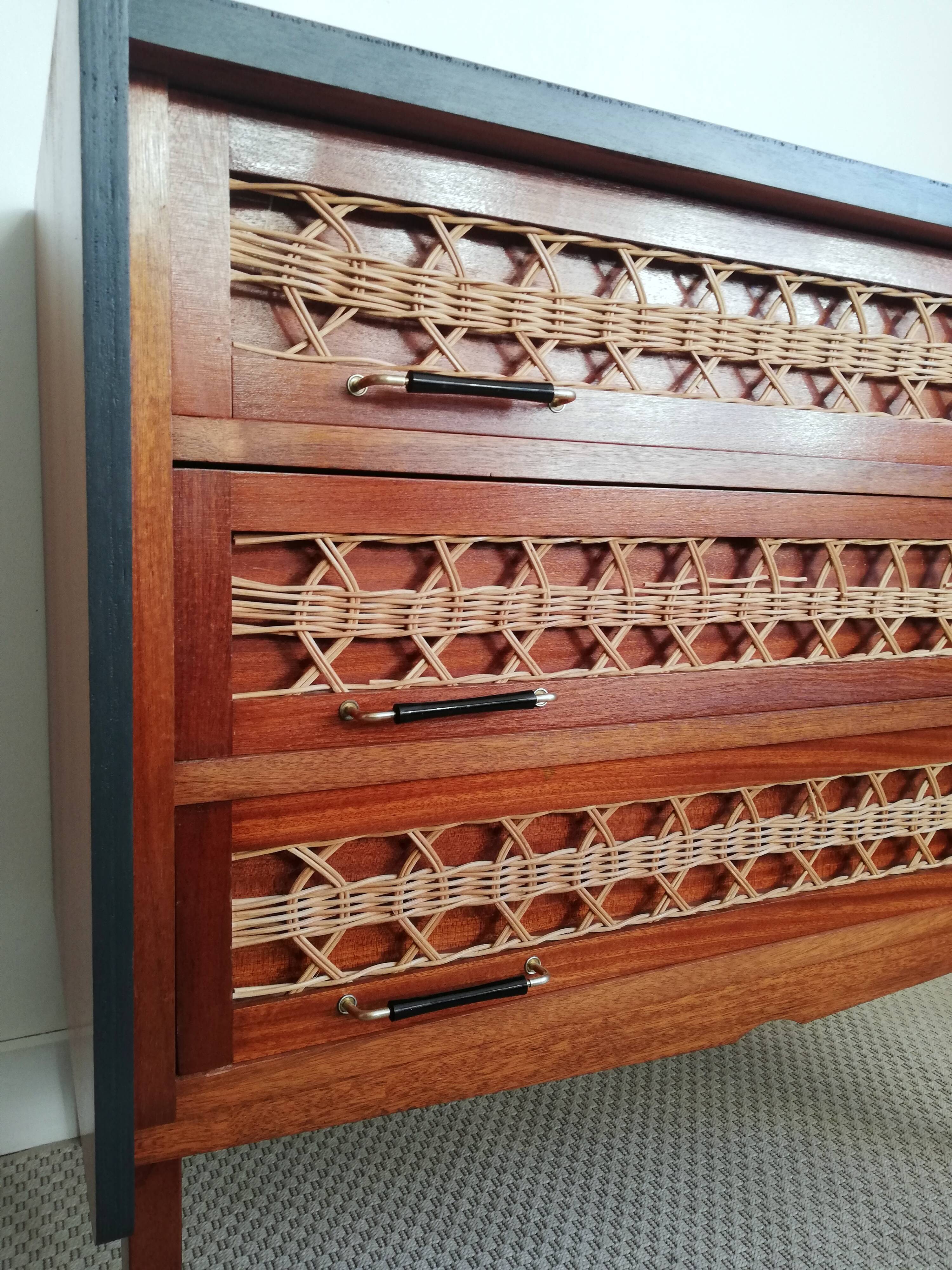 Teak and rattan chest of drawers feet compass