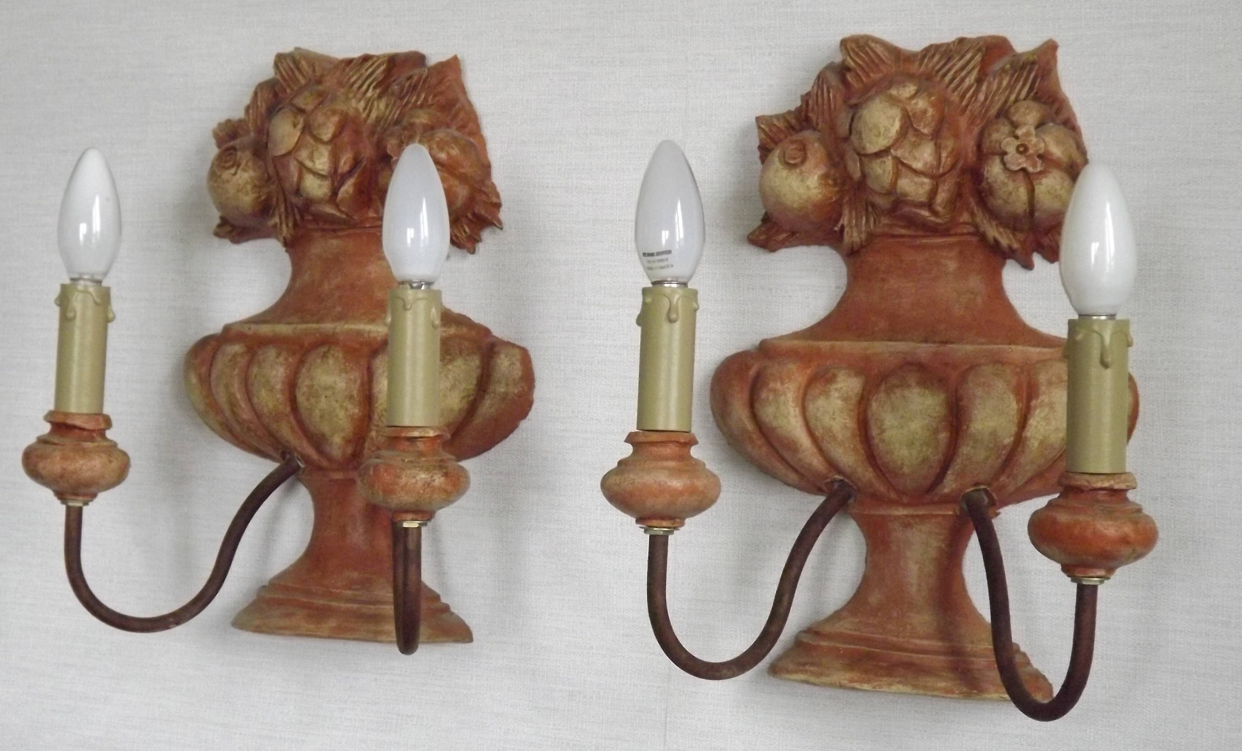 Rare Large Pair of French Terracotta Urn Fruit Basket Double Wall Lights
