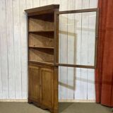 19th-century English corner cabinet in oak, mahogany, and fir.
