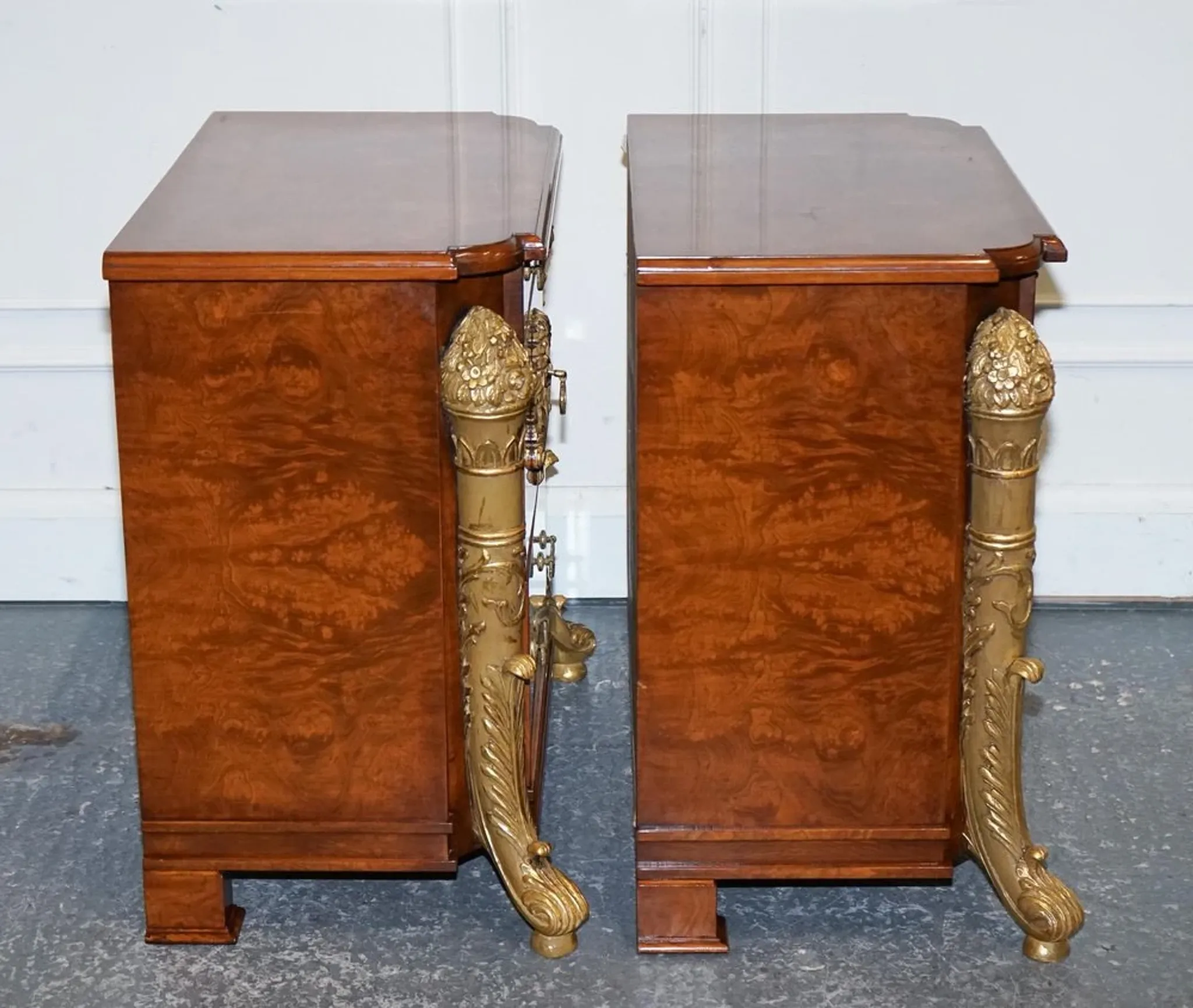 Empire Style Nightstands in Golden Walnut Burl, Set of 2