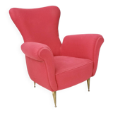 Wingback Red Cotton Armchair with Brass Feet, Italy