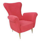Fauteuil à oreilles en coton rouge avec pieds en laiton, Italie