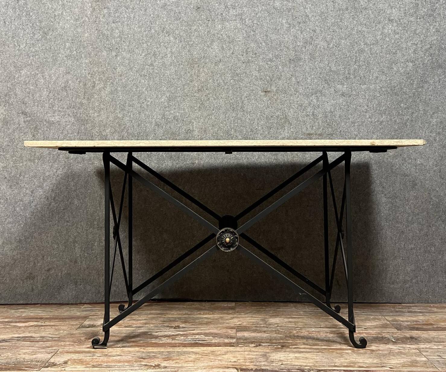 Superb Art Deco period console in iron and Carrara marble circa 1930