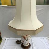 Lampe céramique Moustiers & socle bois avec abat-jour tissu beige vintage