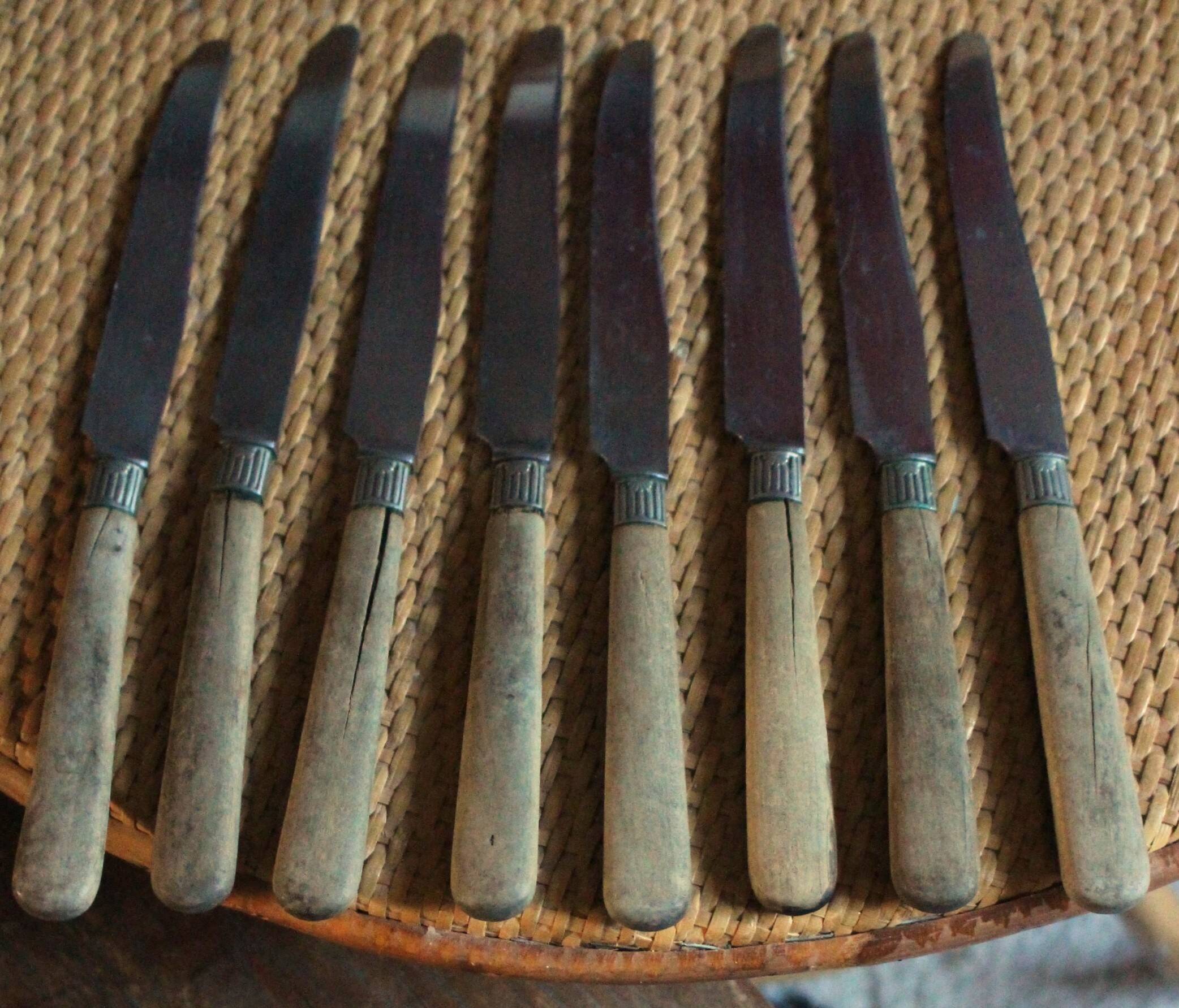 Lot of 8 antique knives with wooden handles.