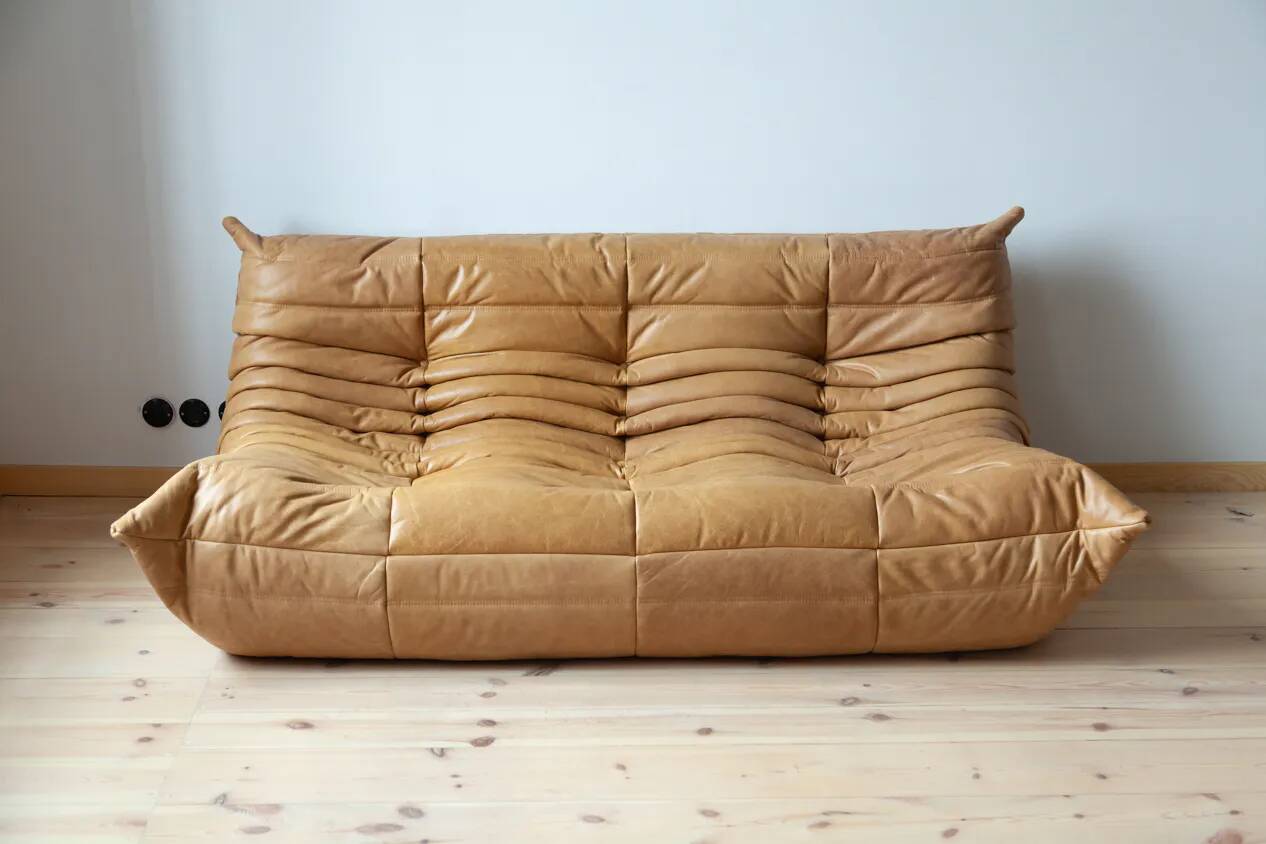 3-seater Togo camel leather sofa