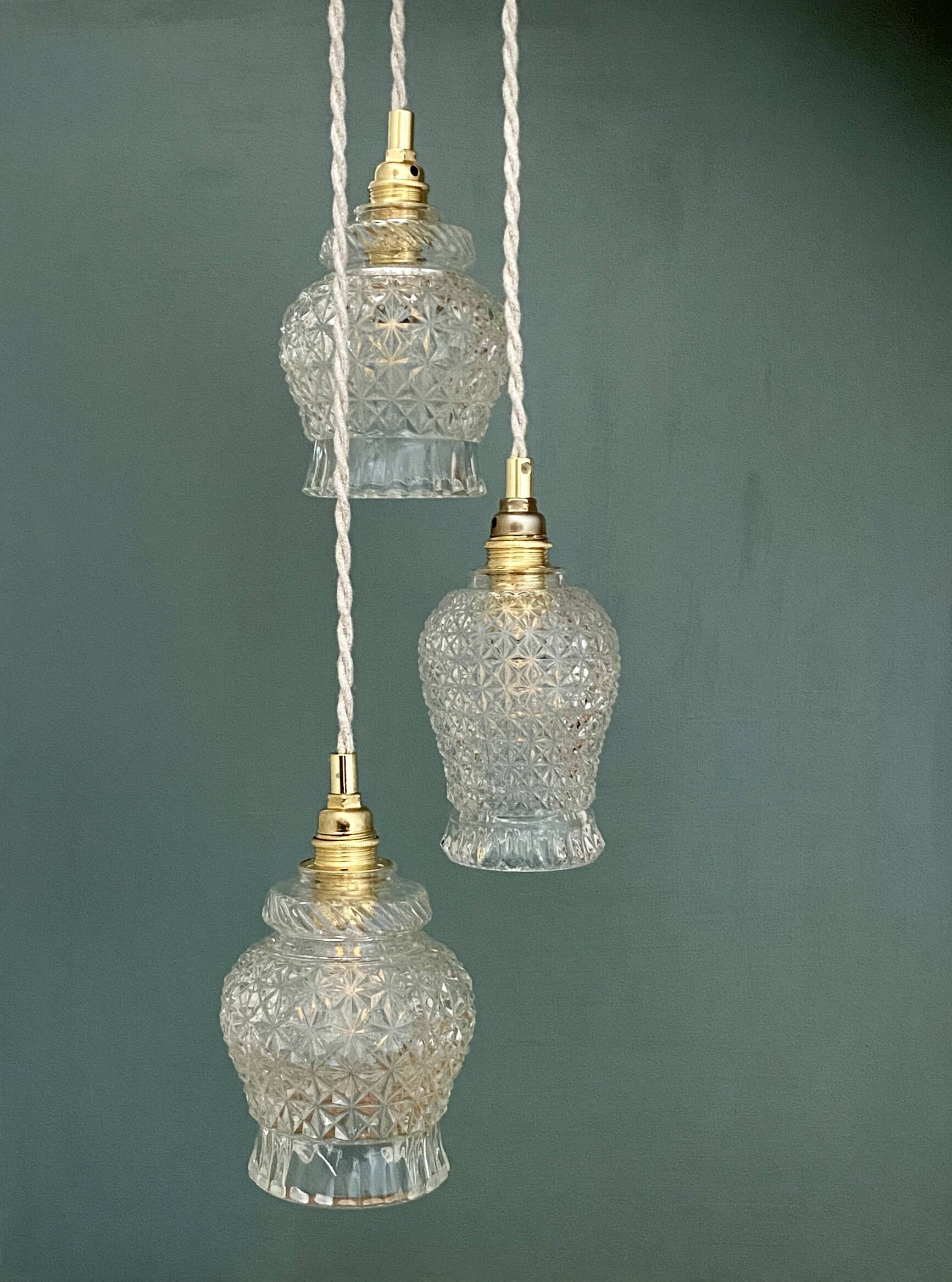 Vintage triple tulip pendant light in molded glass
