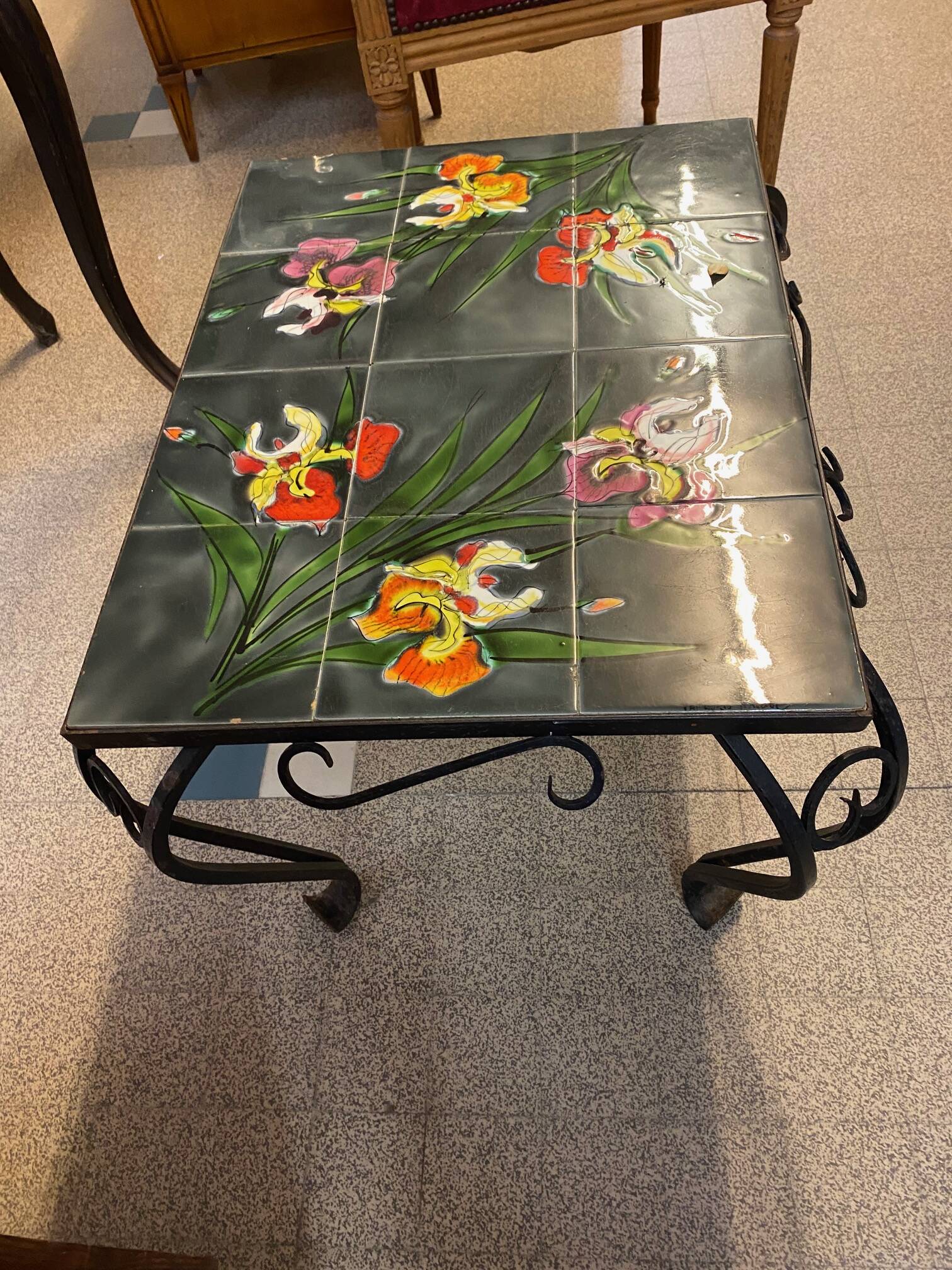 Vallauris coffee table signed rheaul faience tiles, flowers and wrought iron
