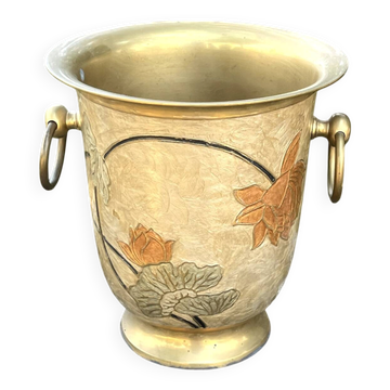 Vintage Cloisonne brass champagne bucket with lotus flowers and ring h