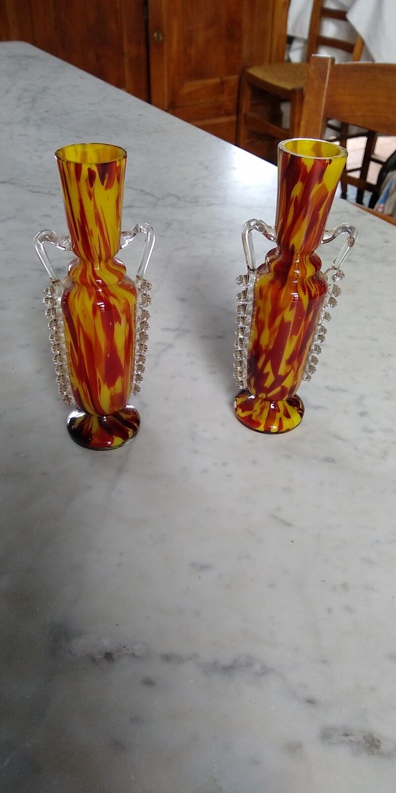 Pair of vases from the Clichy glassworks, orange-yellow marbled, in the shape of an amphora