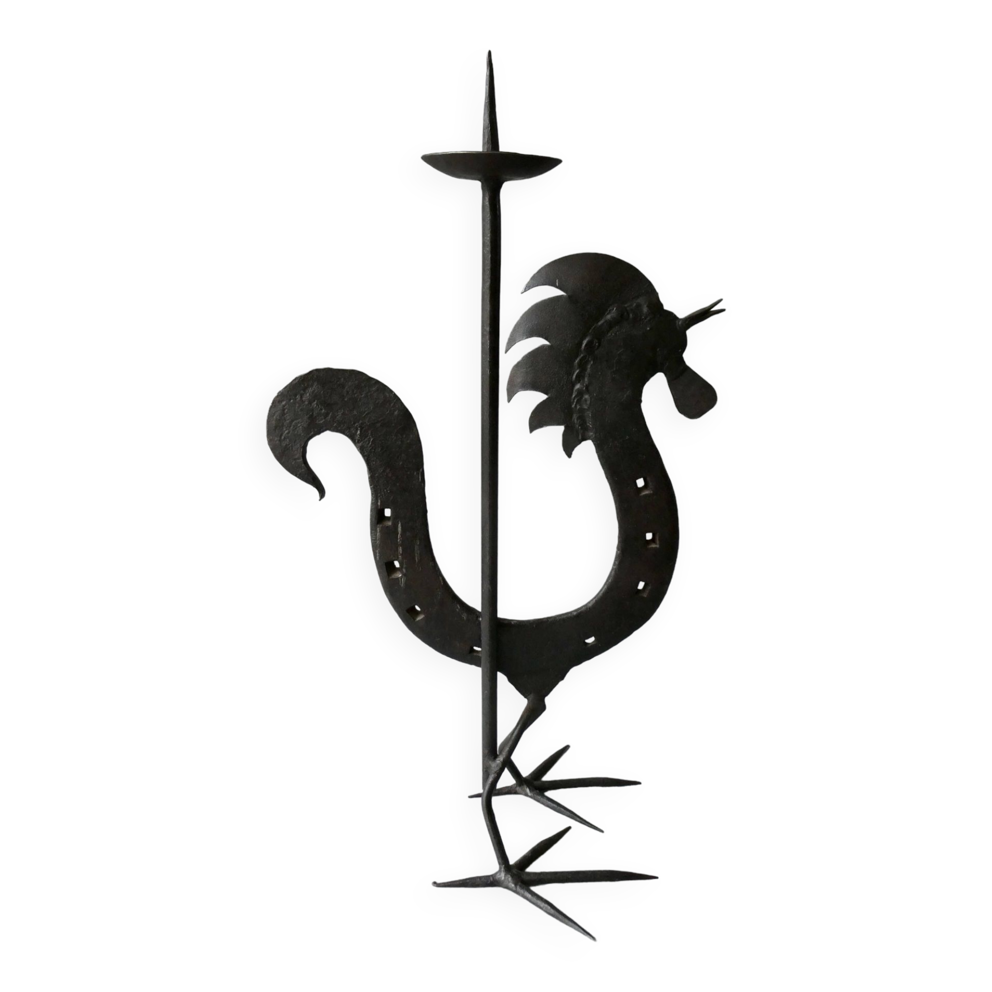 Rooster candle holder in wrought iron, brutalist