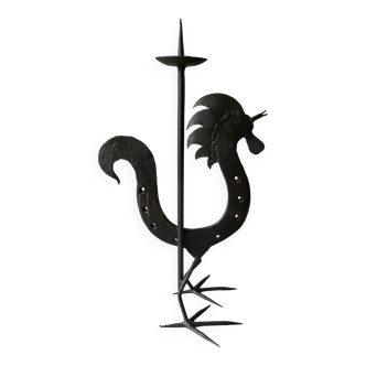 Rooster candle holder in wrought iron, brutalist