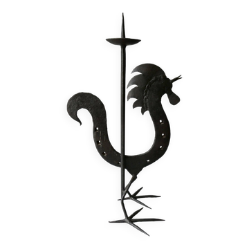 Rooster candlestick in wrought iron, brutalist