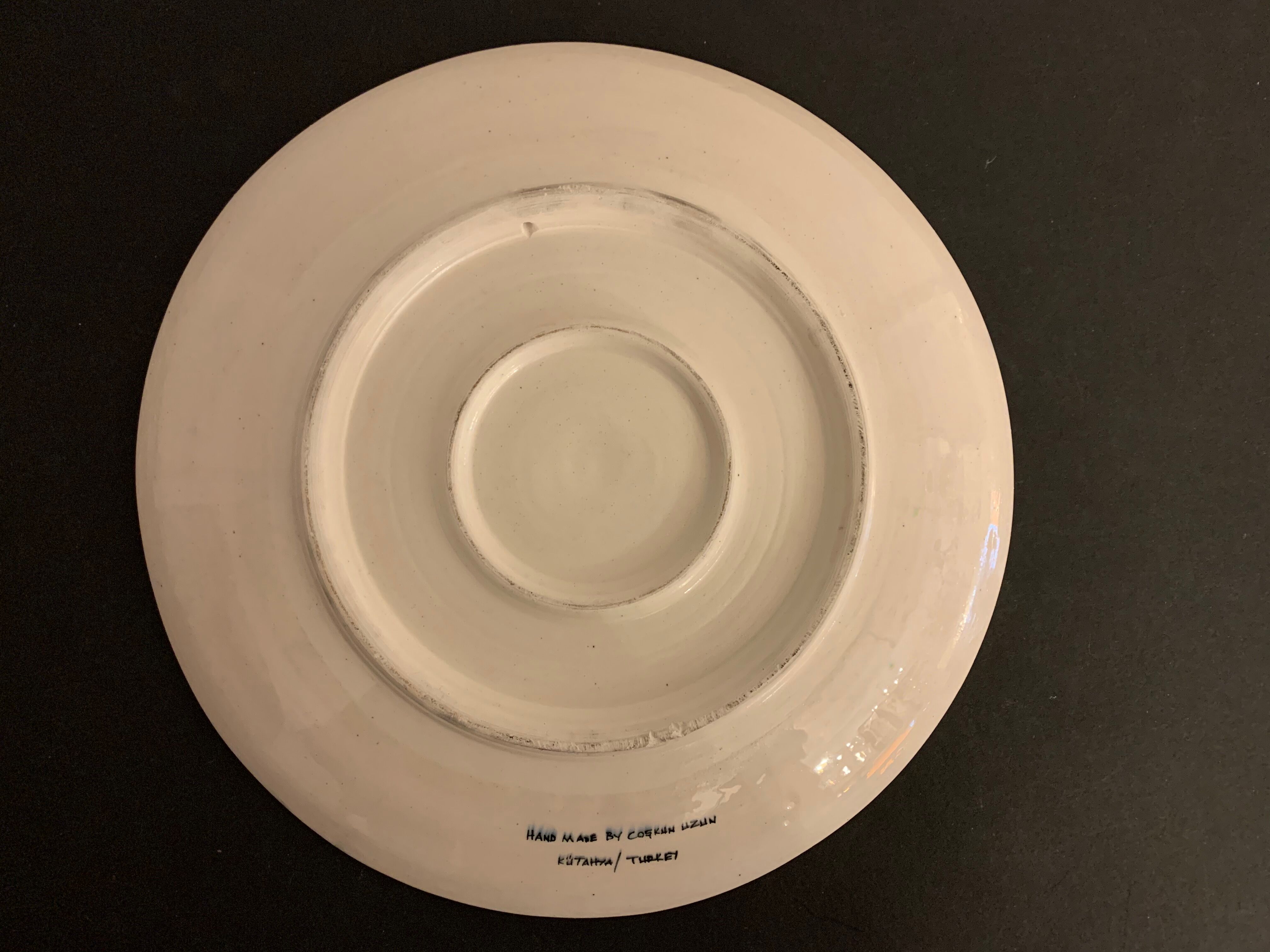 Turkish earthenware dish, coloured, handmade and signed Coskun Uzun, Kotahya, Turkey