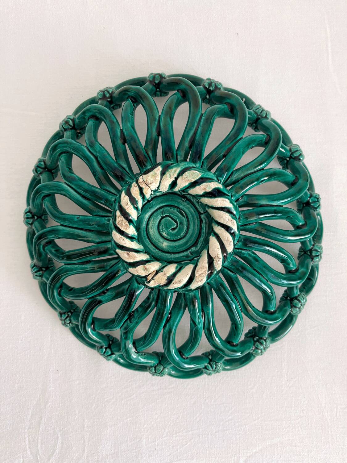 Vintage Vallauris green woven ceramic fruit bowl