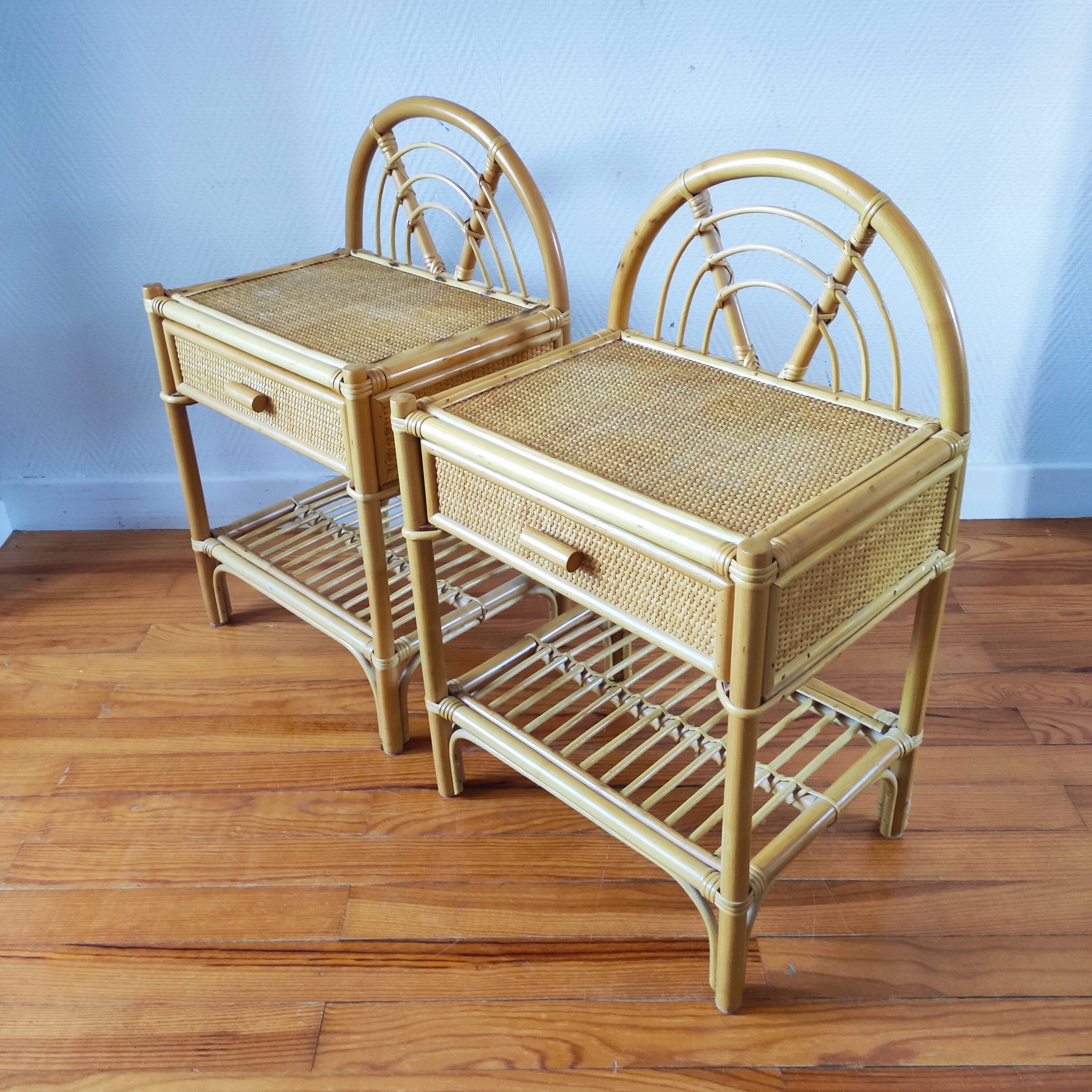 Pair of vintage bedside tables in light rattan