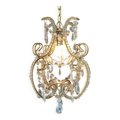 Petit lustre cage doré à pampilles années 50-60