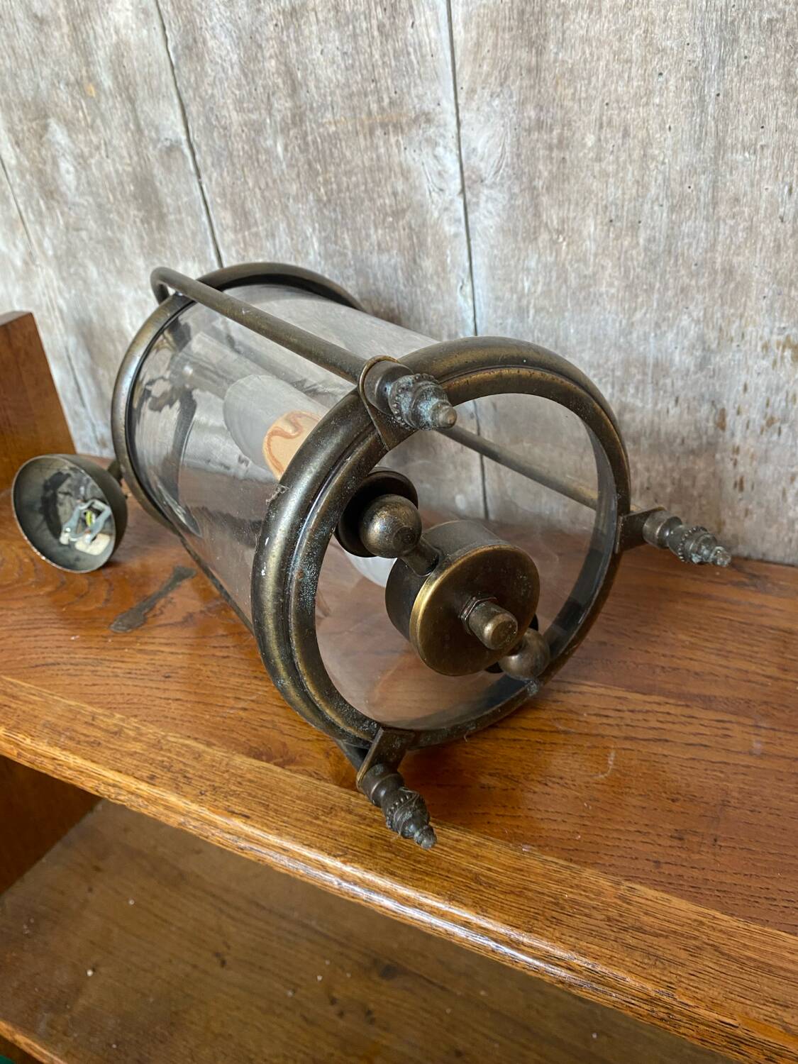 Antique brass lantern pendant light 2 lights + vintage glass cylinder