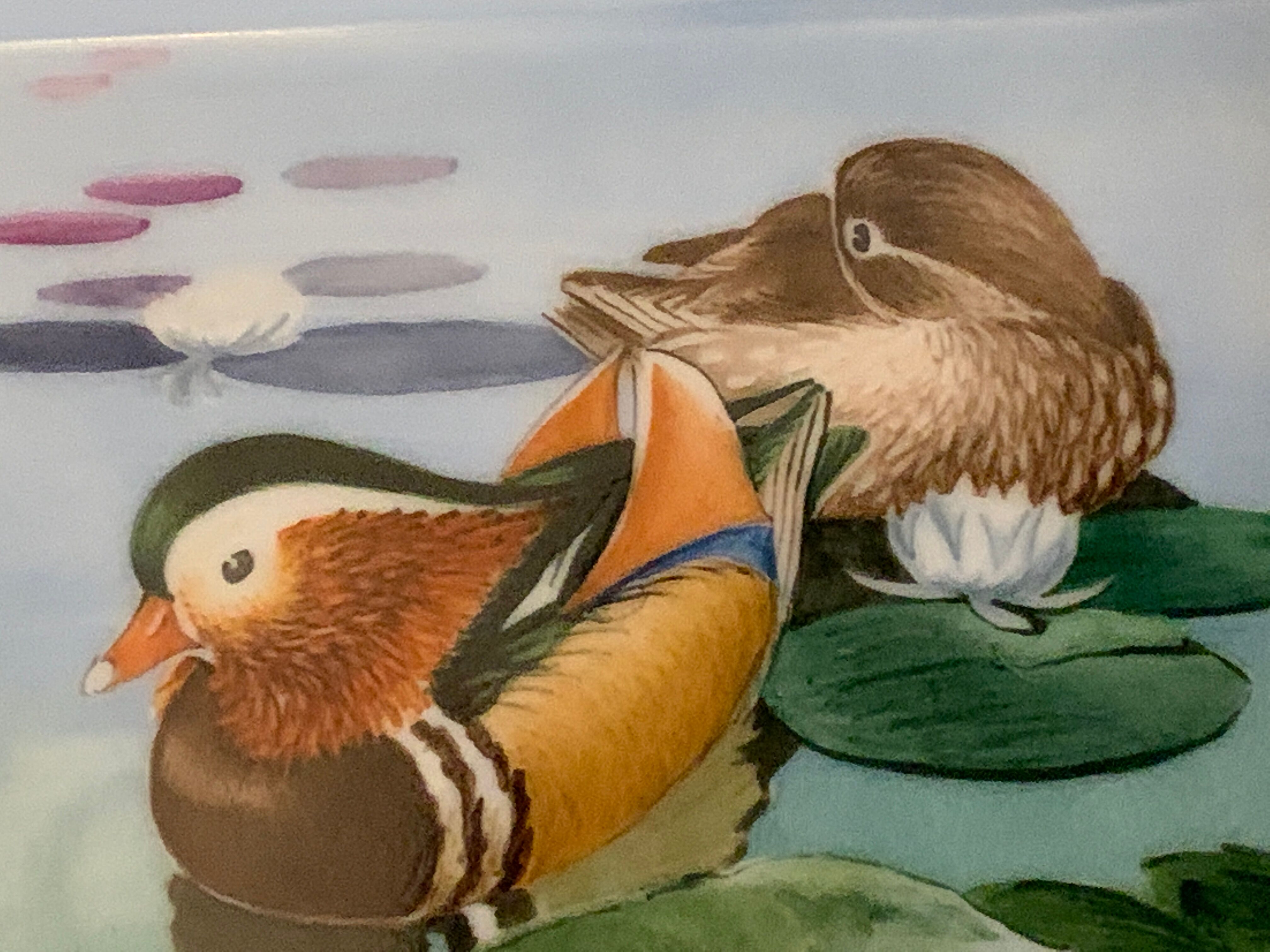 Hermès ashtray signed Rybal in fine Limoges porcelain decorated with mandarin ducks