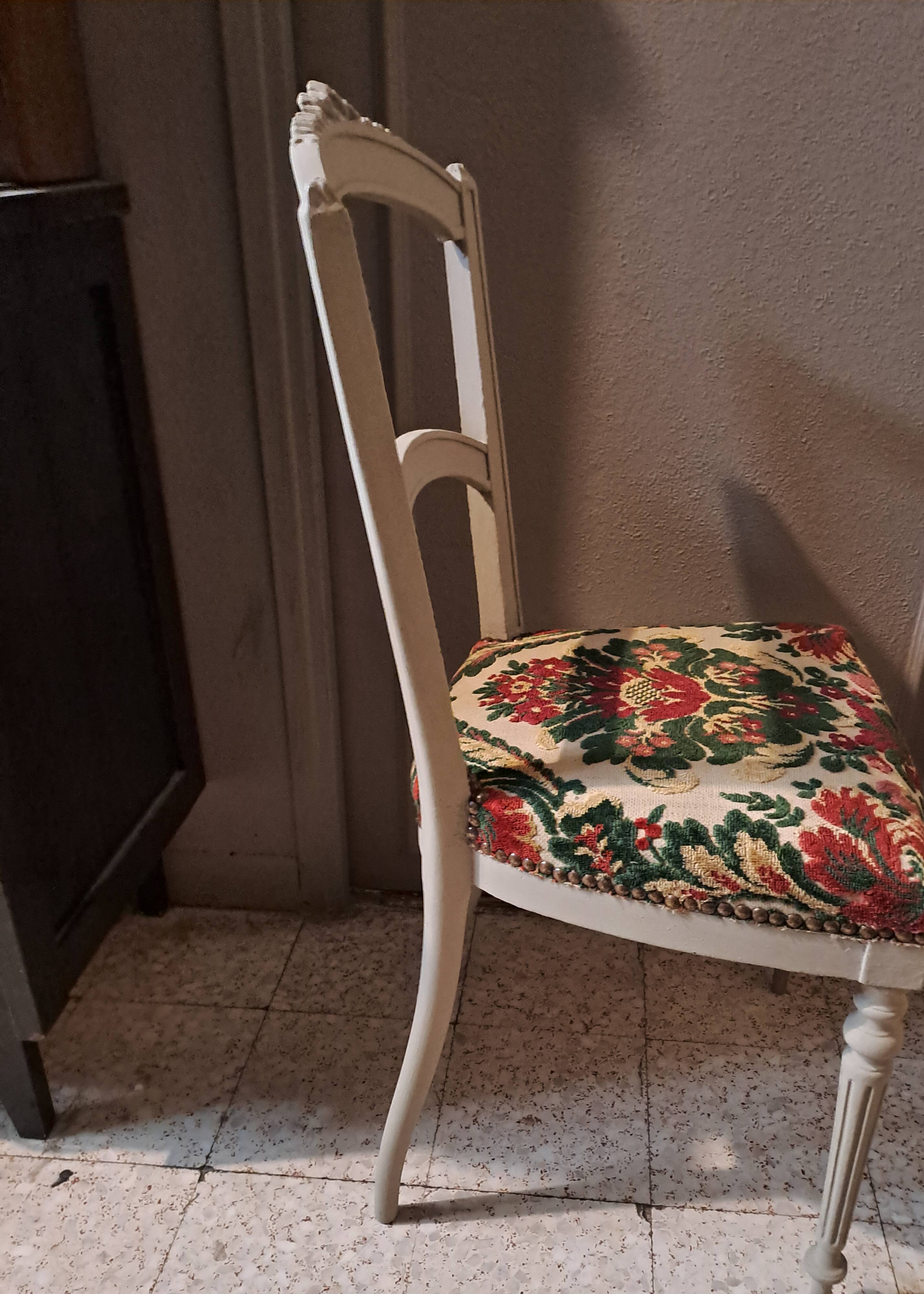 Empire style chair redone in velvet fabric, old floral pattern, 1900